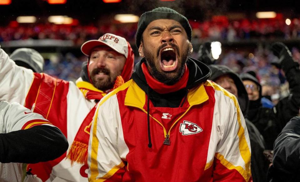 Kansas City Chiefs fans celebrate after the Buffalo Bills failed to tie the game with a field goal in the final minutes of an AFC Divisional Round playoff game at Highmark Stadium on Sunday, Jan. 21, 2024, in Orchard Park, New York.