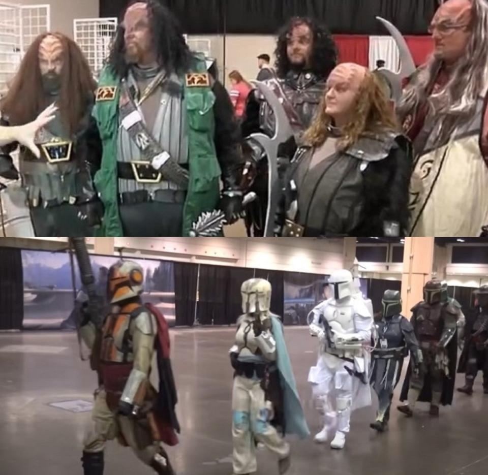 Klingon group cosplayers and Mandalorian group cosplayers at different conventions.