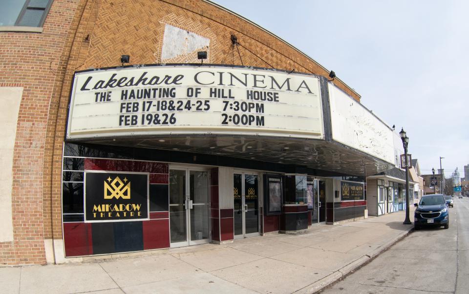 The exterior of the former Lakeshore Cinema which has reopened under a new format and name of Mikadow Theatre, Monday, February 20, 2023, in Manitowoc, Wis.