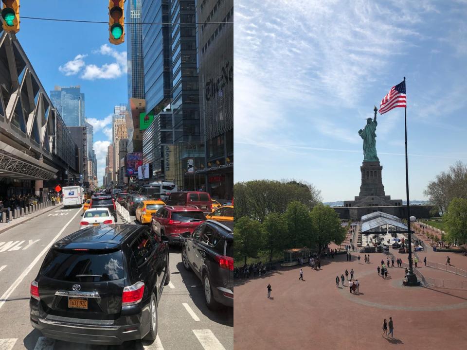 Traffic in new york city street next to image of the statue of liberty