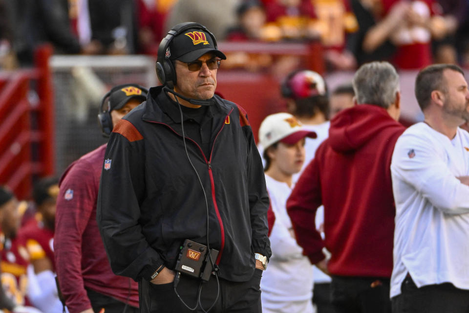 Jan 1, 2023; Landover, Maryland, USA; Washington Commanders head coach Ron Rivera looks on against the Cleveland Browns during the first half at FedExField. Mandatory Credit: Brad Mills-USA TODAY Sports