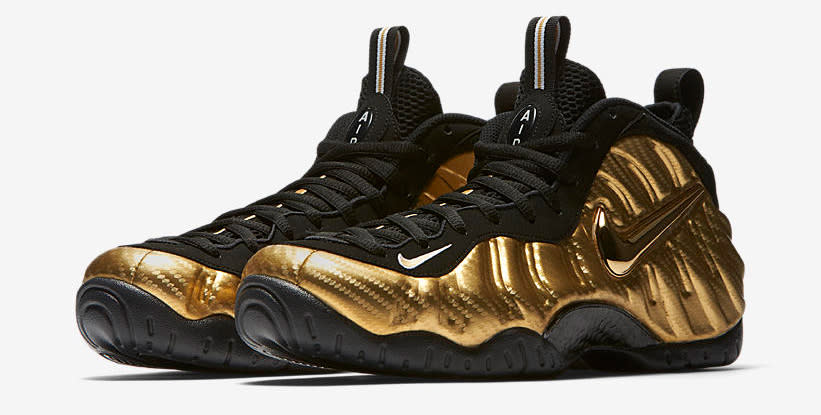 <p><a rel="nofollow noopener" href="https://www.nike.com/launch/t/air-foamposite-pro-metallic-gold" target="_blank" data-ylk="slk:SHOP;elm:context_link;itc:0;sec:content-canvas" class="link ">SHOP</a> <em>$230, <a rel="nofollow noopener" href="https://www.nike.com/launch/t/air-foamposite-pro-metallic-gold" target="_blank" data-ylk="slk:nike.com;elm:context_link;itc:0;sec:content-canvas" class="link ">nike.com</a></em></p><p>You already know we love Foamposites. The sneaker - made famous by Penny Hardaway, and locked into the cultural discourse a generation later - is bold in its audacious sculptural footprint and no less aggressive in its colorways. This week's take is Metallic Gold with added texture in a carbon fiber treatment. The almost mirror-like swoosh is certain to break some necks, while the heavy gold upper is broken up by black, and a few small hits of white. These are definitely geared towards a younger audience, but if they’re calling your name we know there's a perfect time to pull them off.</p><p><strong>Release: </strong>10/19</p>