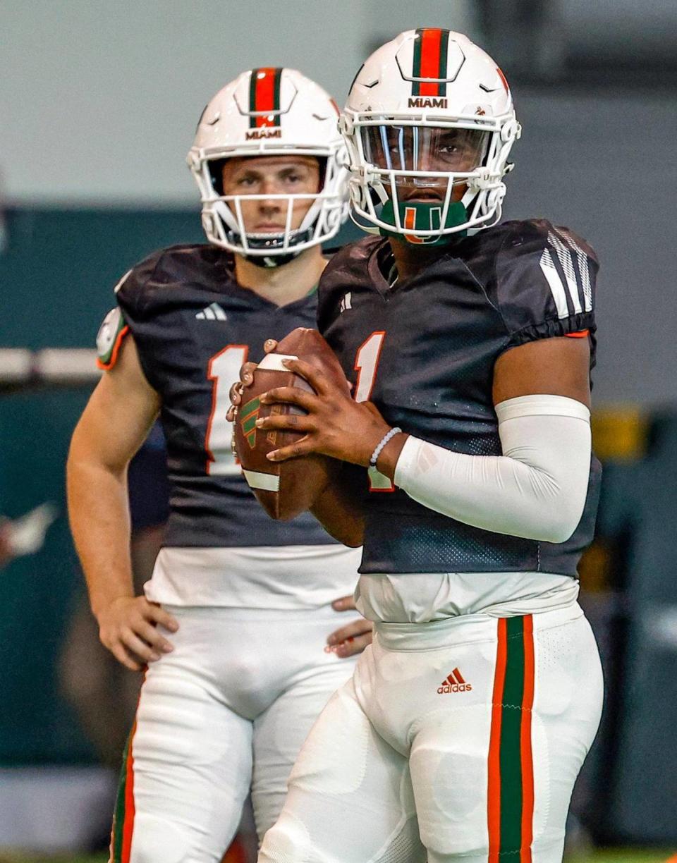 Miami Hurricanes quarterback Cam Ward (1) sets up to pass during practice at the Carol Soffer Indoor Practice Facility in Coral Gables, Florida on Tuesday, March 26, 2024.
