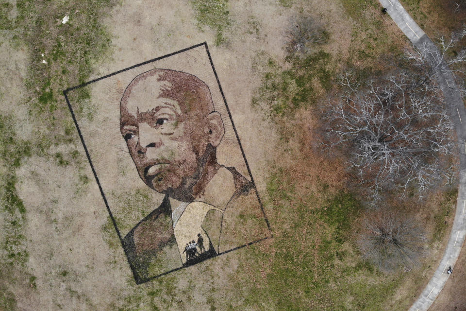 A portrait of John Lewis the longtime congressman and civil rights leader, is seen in this aerial view Thursday, Feb. 4, 2021, at Freedom Park in Atlanta. Artist Stan Herd created this earthworks piece in recognition of John Lewis' life and work. (AP Photo/Angie Wang)