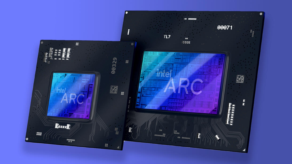  Intel Alchemist GPU renders on a blue gradient background. 