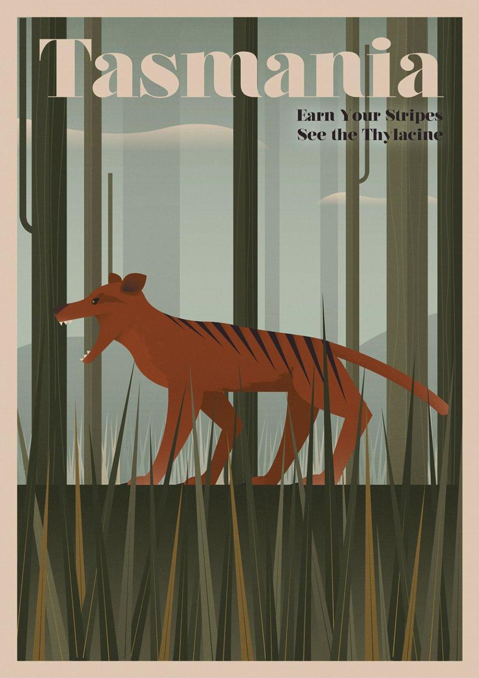 A reconstructed tourist poster featuring the thylacine, created to call attention to the loss of other species across the globe: (Expedia.co.uk)