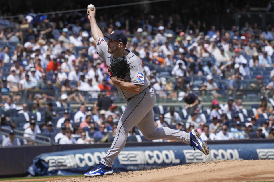Houston Astros starting pitcher Justin Verlander delivers against the New York Yankees in the third inning of a baseball game, Saturday, Aug. 5, 2023, in New York. (AP Photo/Mary Altaffer)