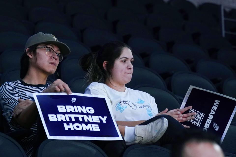 Phoenix Mercury fans attend a rally for Mercury basketball player Brittney Griner Wednesday, July 6, 2022, in Phoenix. Griner has been detained in Russia for 133 days, charged in Russia for having vape cartridges containing hashish oil in her luggage. (AP Photo/Ross D. Franklin)