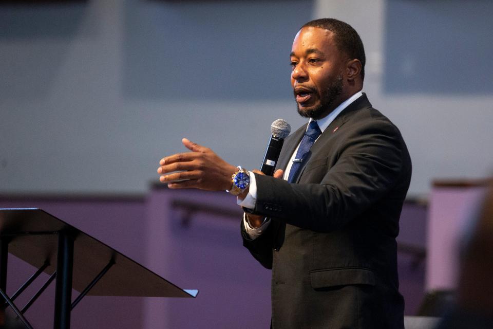 State Rep. Jesse Chism speaks during a town hall on public safety hosted by State Senator Raumesh Akbari at Riverside Missionary Baptist Church in Memphis, Tenn., on Tuesday, August 1, 2023.