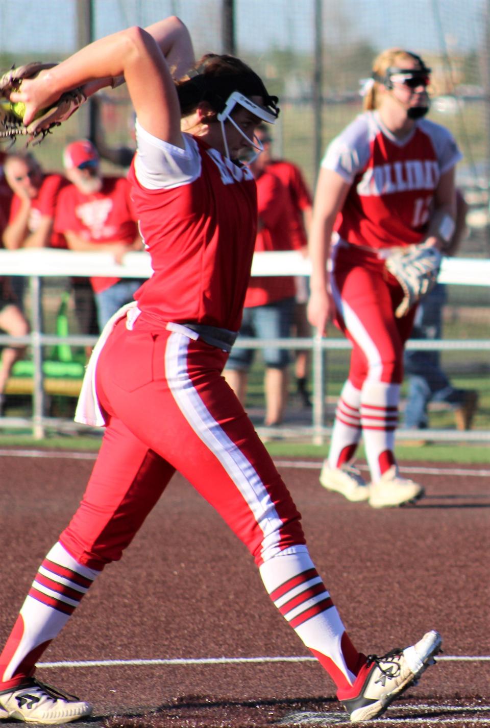 Holliday pitcher Addison Lindemann reaches back in her windup in the circle against Coahoma.