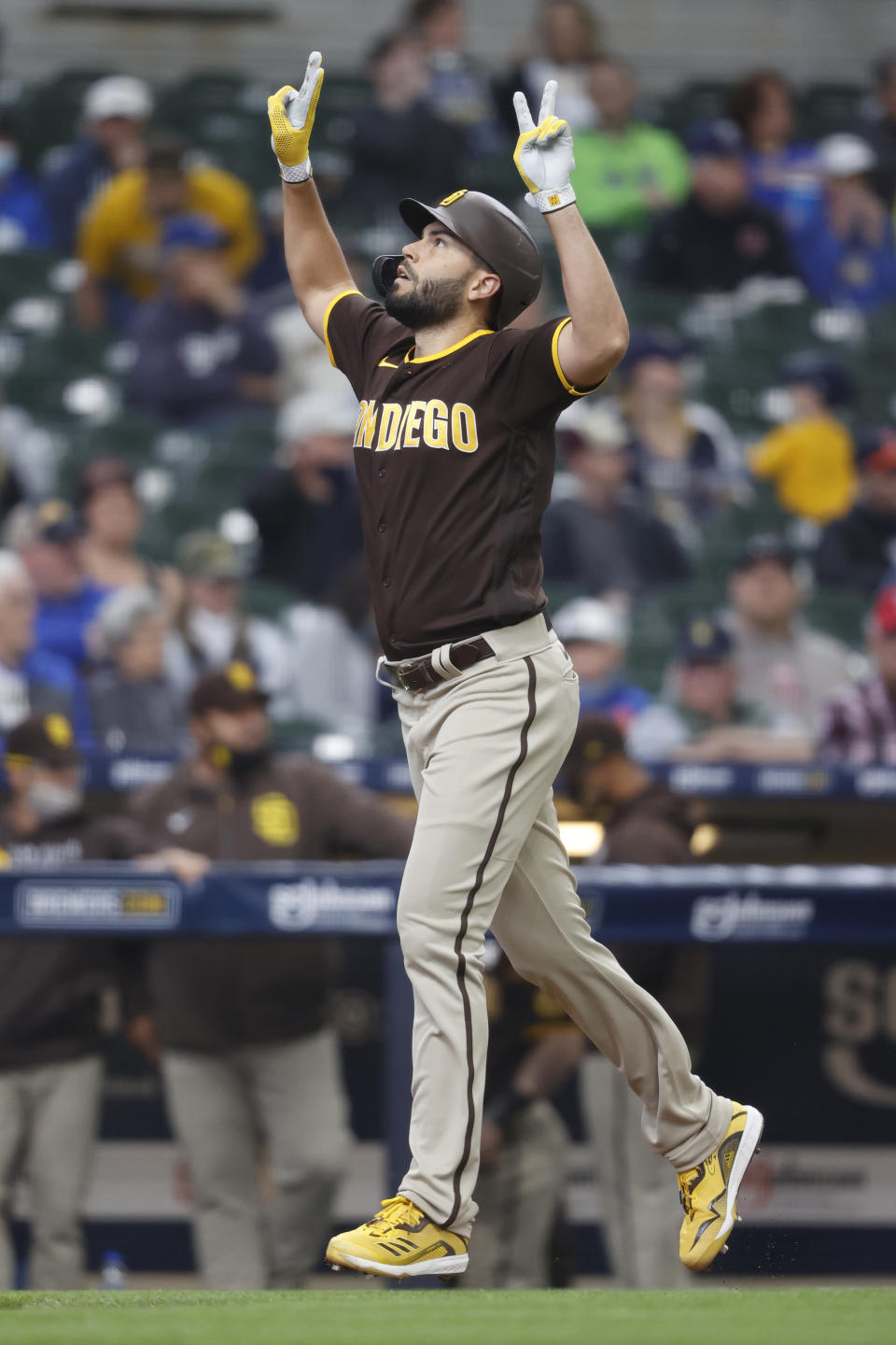 San Diego Padres' Eric Hosmer reacts after hitting a two-run home in the sixth inning of a baseball game against the Milwaukee Brewers, Thursday, May 27, 2021, in Milwaukee. (AP Photo/Jeffrey Phelps)