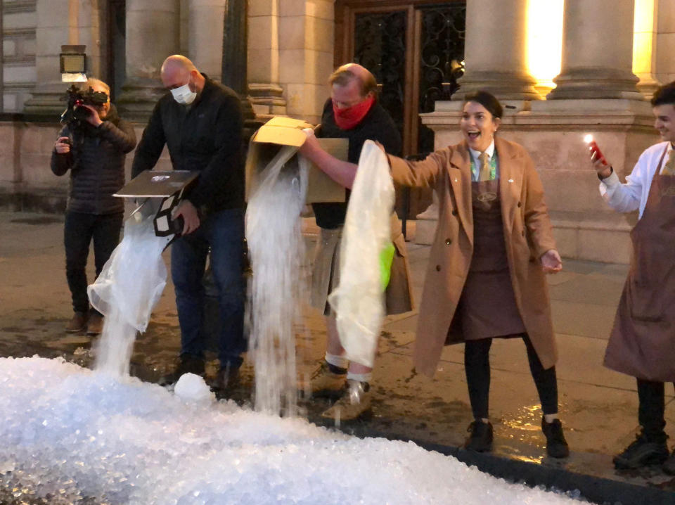 Left over ice dumped on the street in Glasgow in a protest by hospitality workers, as temporary restrictions announced by First Minister Nicola Sturgeon to help curb the spread of coronavirus have come into effect from 6pm on Friday.