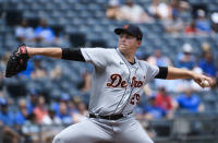 Detroit Tigers starting pitcher Tarik Skubal throws to a Kansas City Royals batter during the first inning of a baseball game in Kansas City, Mo., Wednesday, June 16, 2021. (AP Photo/Reed Hoffmann)