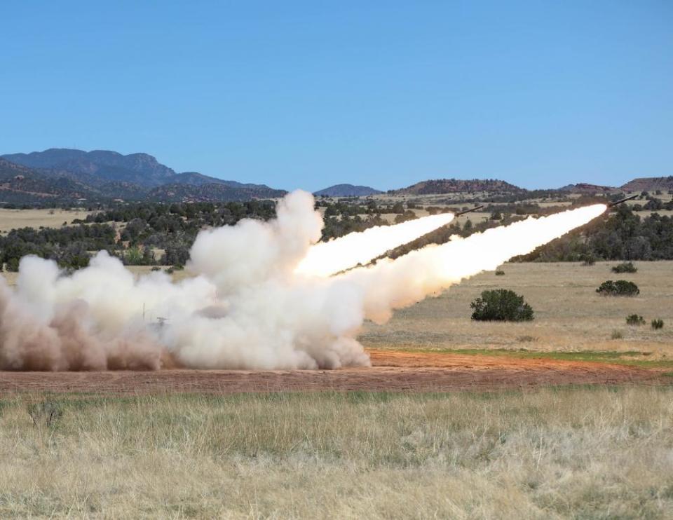 Soldiers assigned to A Battery 1st Battalion, 14th Field Artillery Regiment, 75th Field Artillery Brigade, shoot live rounds in a High Mobility Artillery Rocket System (HIMARS) in support of Ivy Mass at Fort Carson, Colorado, June 8, 2022.  / Credit: U.S. Army photo by Spc. Collin MacKown