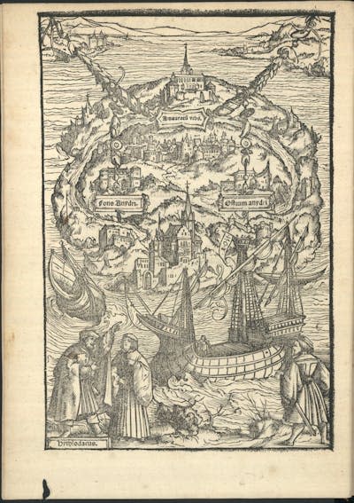 Dibujo de una isla con diferentes edificaciones y pueblos, mientras algunos barcos la rodean desde el agua.