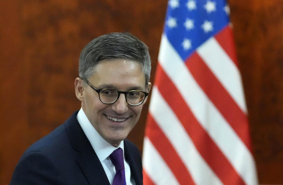 U.S. State Department Counselor Derek Chollet smiles ahead of a meeting with Serbian Prime Minister Ana Brnabic in Belgrade, Serbia, Thursday, Jan. 12, 2023. The United States supports longstanding European Union efforts to mediate the relations between Serbia and Kosovo, a former Serbian province that declared independence in 2008. Belgrade does not recognize Kosovo as a sovereign state. (AP Photo/Darko Vojinovic)