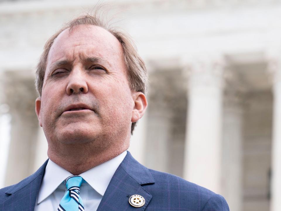 WASHINGTON, DC - ARPIL 26: Texas Attorney General Ken Paxton speaks to reporters after the Supreme Court oral arguments in the Biden v. Texas case at the Supreme Court on Capitol Hill on Tuesday, April 26, 2022 in Washington, DC. (Photo by Sarah Silbiger for The Washington Post via Getty Images)