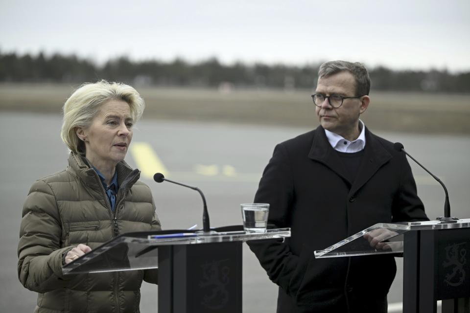 President of the European Commission Ursula von der Leyen, left, and Finnish Prime Minister Petter Orpo give a joint press conference at the Lappeenranta airport, eastern Finland, Friday April 19, 2024. President von der Leyen and Prime Minister Orpo visited the eastern border region of Finland on Friday and discussed what Finland and the EU can do to prevent instrumentalised migration to Finland's eastern border. (Antti Aimo-Koivisto/Lehtikuva via AP)