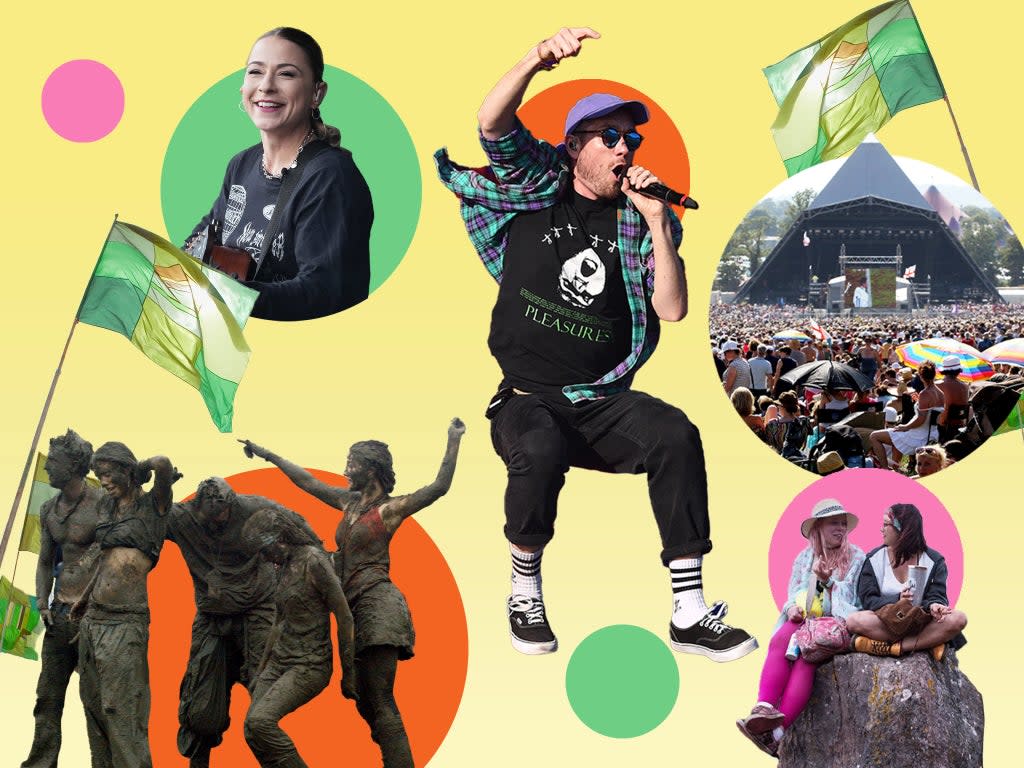Top left clockwise: Lucy Spraggan, Bastille frontman Dan Smith, and scenes from Glastonbury festival (Getty)