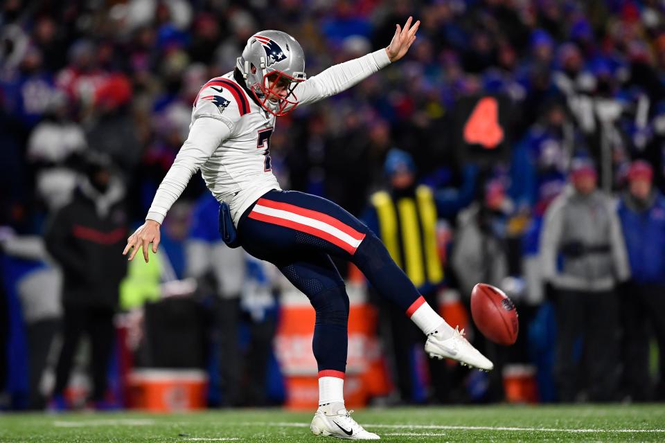 Former New England Patriots punter Jake Bailey punts during the first half of an NFL wild-card playoff football game against the Buffalo Bills. (AP Photo/Adrian Kraus, File)
(Photo: The Associated Press)