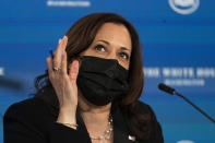 Vice President Kamala Harris, speaks during a roundtable discussion highlighting the disparities that Black women face in maternal health at the Eisenhower Executive Office Building on the White House complex in Washington, Tuesday, April 13, 2021. (AP Photo/Manuel Balce Ceneta)