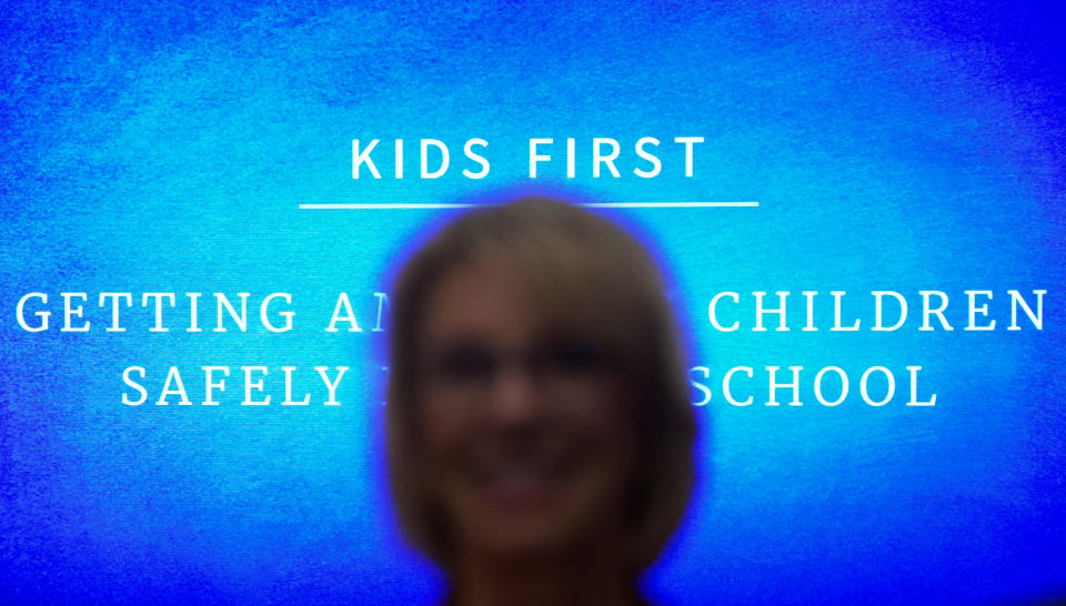 U.S. Education Secretary Betsy DeVos attends a coronavirus disease (COVID-19) pandemic response event about reopening schools hosted by U.S. President Donald Trump at the White House in Washington, U.S., August 12, 2020. REUTERS/Kevin Lamarque