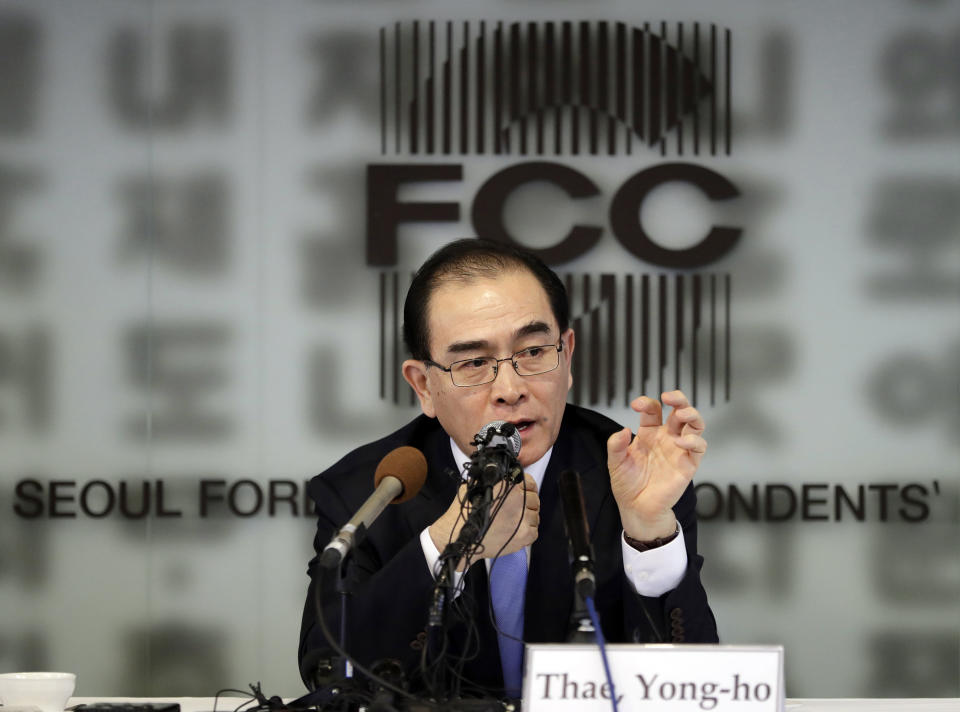 FILE - In this Feb. 19, 2019 file photo, Thae Yong Ho, former North Korean diplomat, who defected to South Korea in 2016, speaks to the media in Seoul, South Korea. Thae will join the South's main conservative party and run in April's parliamentary elections, party officials said Monday, Feb. 19, 2010. (AP Photo/Lee Jin-man, File)