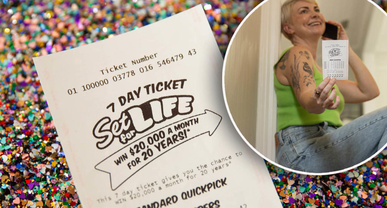 Left: Set for Life ticket on sparkly background. Right: A file picture of a woman holding a Set For Life ticket.
