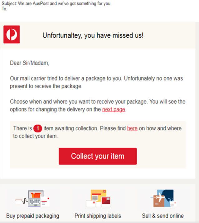 Australia Post are warning of the scam email. Source: Australia Post