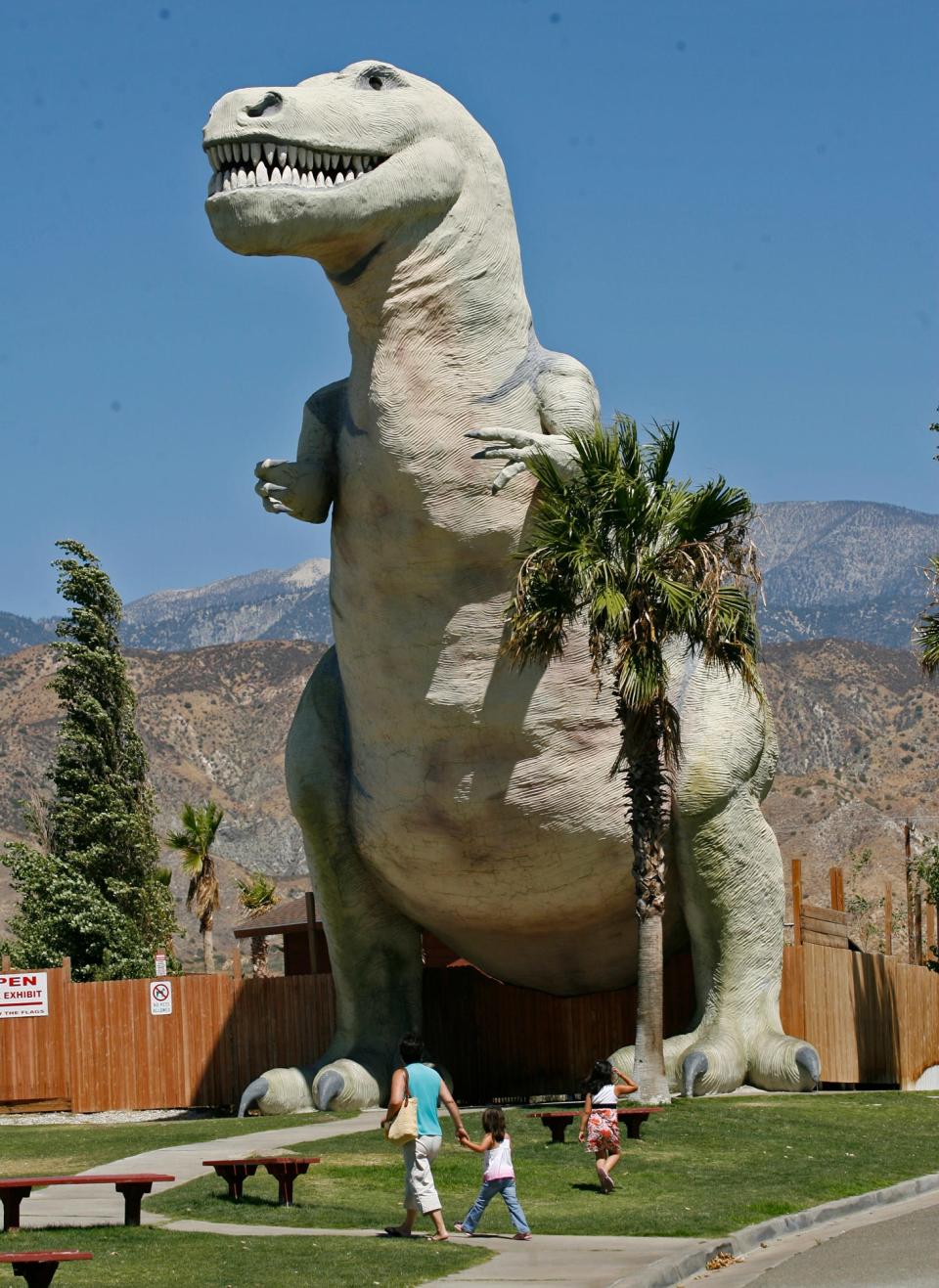 
The Cabazon dinosaur Mr. Rex” is a 1981 100-ton construction of Claude Bell, a Knotts Berry Farm sculptor. It was in the background of the Tears for Fears rock video “Everybody Wants to Rule the World.” 
