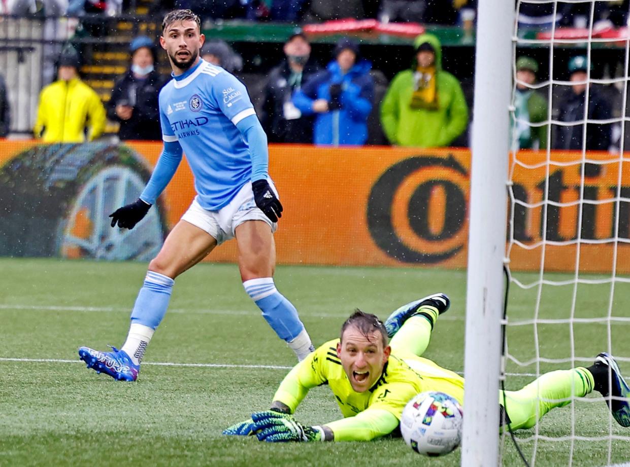 New York City FC's Valentin Castellanos scores a goal against the Portland Timbers during the first half the 2021 MLS Cup at Providence Park.