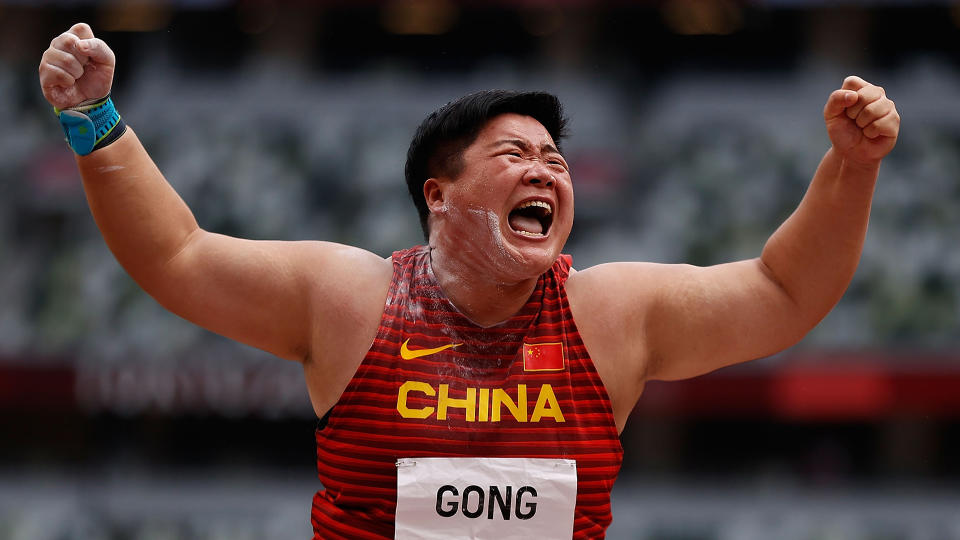 Gong Lijiao of China celebrates during the women's shot put final at Tokyo 2020 Olympic Games. (Photo by Wang Lili/Xinhua via Getty Images)