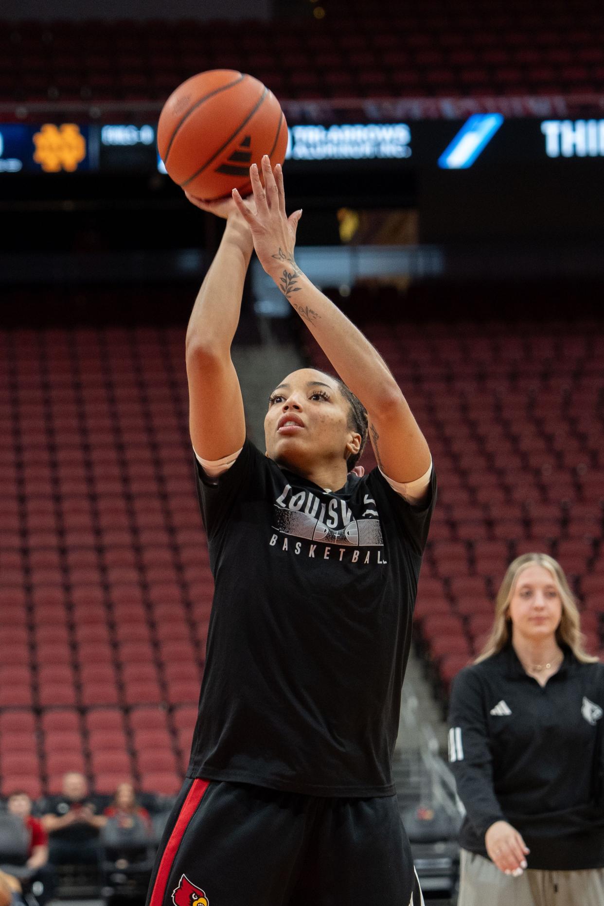 Louisville Cardinals forward Alexia Mobley (23) warms up ahead of their game against the Notre Dame Fighting Irish Thursday, Feb. 8, 2024 at KFC YUM Center.