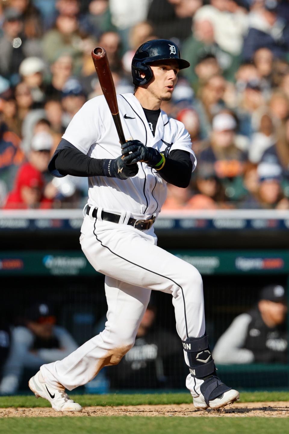 Apr 8, 2023; Detroit, Michigan, USA;  Detroit Tigers third baseman Nick Maton (9) hits an RBI double in the fourth inning against the Boston Red Sox at Comerica Park.