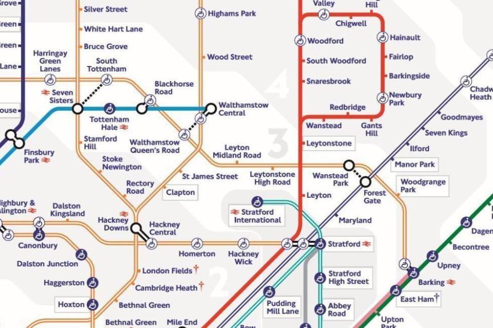 A dashed line on the map shows stations on different lines that are less than 10 minutes apart