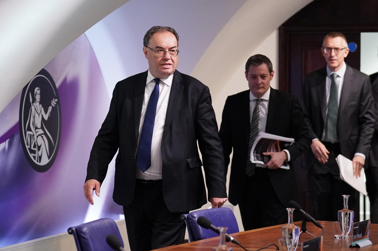 Bank of England governor Andrew Bailey walks out to deliver the Financial Stability Report at the Bank in London on Tuesday. Photo: Stefan Rousseau/WPA Pool/Getty Images