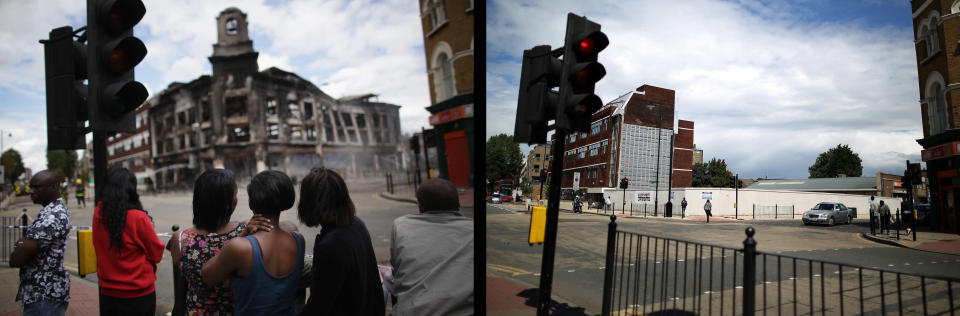 LONDON, ENGLAND - JULY 23: In this composite image (Left Photo) Residents watch as a building burns after riots on Tottenham High Road on August 7, 2011 in London, England. (Right Photo) The scene on Tottenham High Road, one year on from the riots. August 6th marks the one year anniversary of the England riots, over the course of four days several London boroughs, and districts of cities and towns around England suffered widespread rioting, looting and arson as thousands took to the streets. (Dan Kitwood/Peter Macdiarmid/Getty Images)