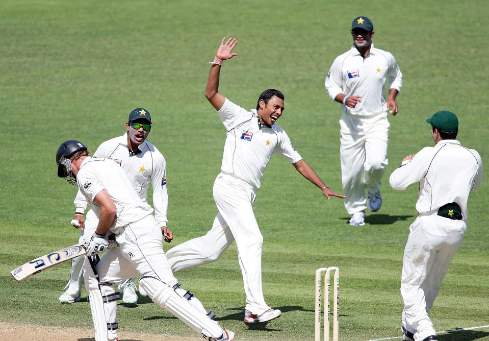 NAPIER, NEW ZEALAND - DECEMBER 12:  Danish Kaneria of Pakistan celebrates the wicket of Tim McIntosh of New Zealand during day two of the Third Test match between New Zealand and Pakistan at McLean Park on December 12, 2009 in Napier, New Zealand.  (Photo by Hannah Peters/Getty Images)