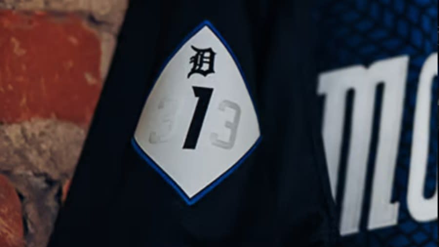 The Detroit Tigers' "City Connect" uniforms include a special patch that includes Detroit's 313 area code designed to look like the Woodward Avenue M-1 street signs. (Courtesy Detroit Tigers)