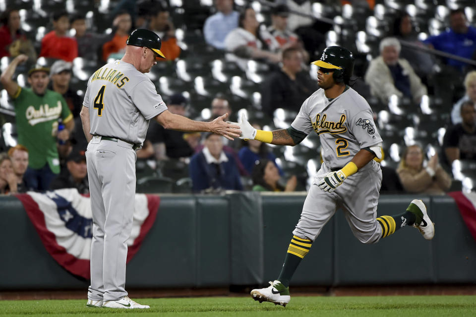 Oakland Athletics slugger Khris Davis has crushed 14 home runs since Chris Davis' last hit. (AP Photo/Will Newton)