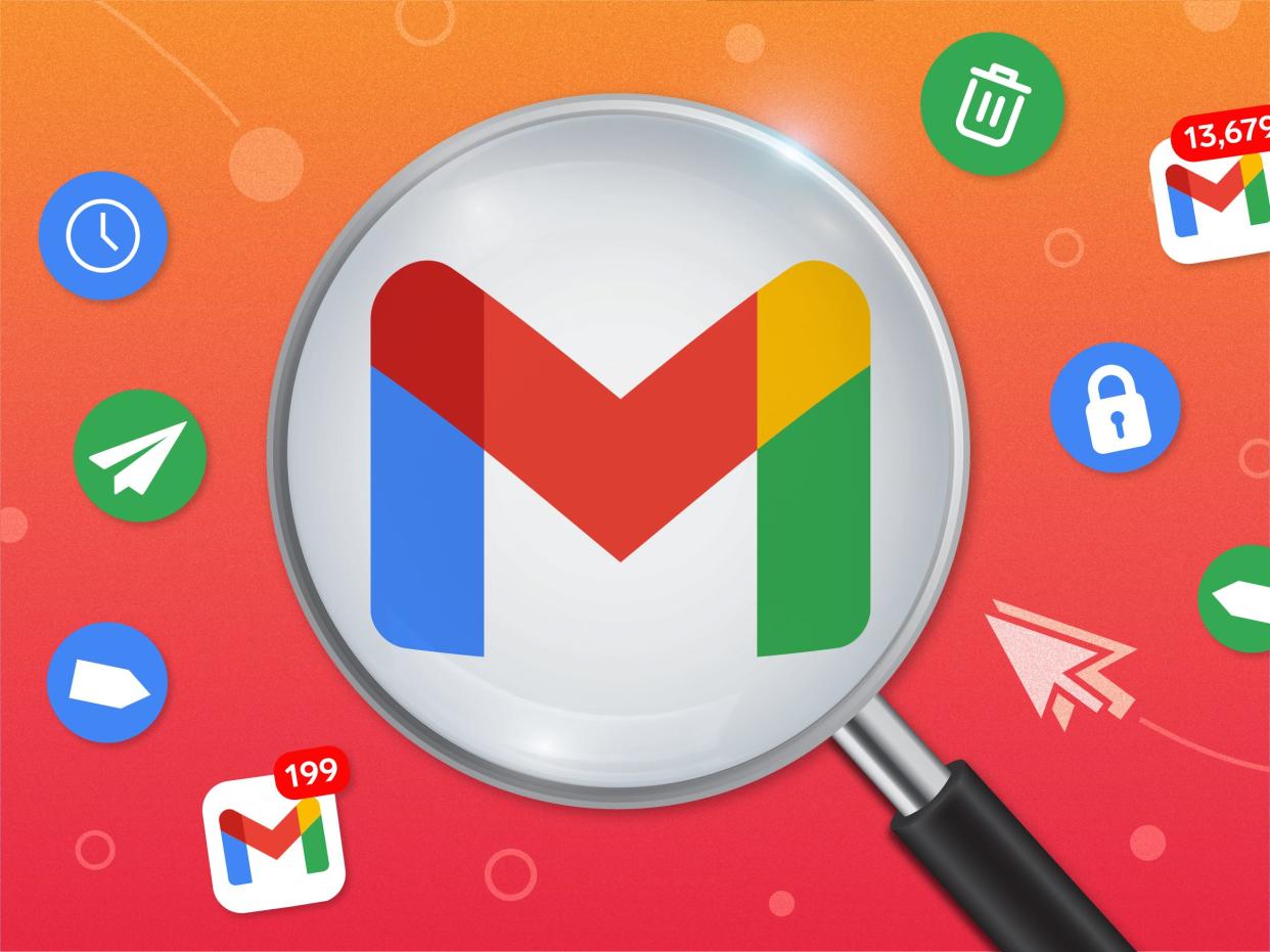 Gmail logo in a magnifying glass surrounded by Gmail hidden features 4x3