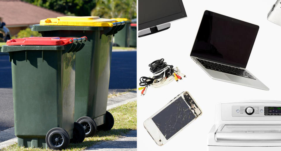 Recycling bins on the side of the road (left). Electronics like computers, chords and phone (right). 