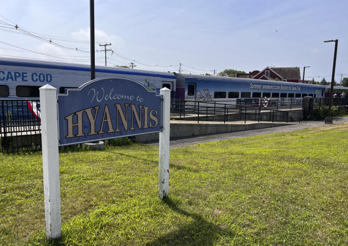 A weekend passenger train from Boston to Cape Cod appears at the train station in Hannis, Mass., on July 24, 2022. It runs during the 15 weekends of summer until Labor Day. (Tracee Herbaugh via AP)