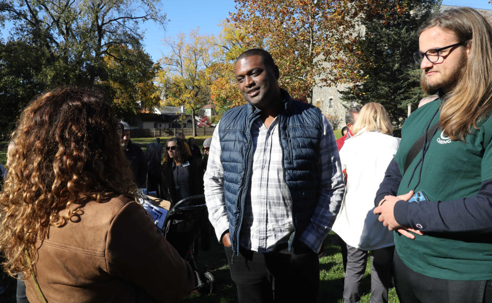 Rep. Mondaire Jones, greets people during a Get Out the Vote event with local Democratic groups at Vassallo Park in Croton-on-Hudson, Oct. 29, 2022. 