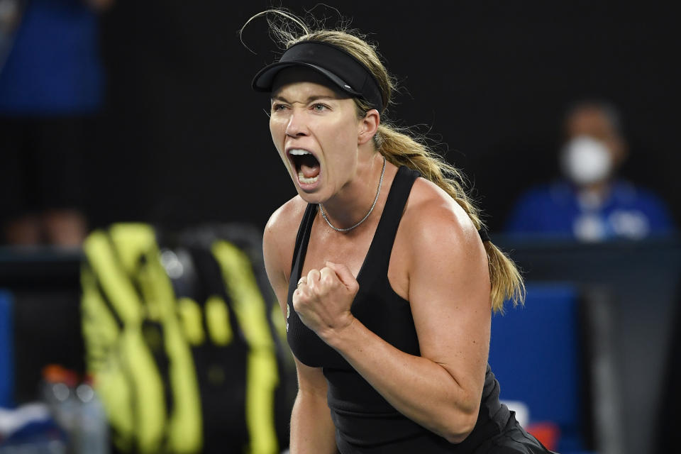 Danielle Collins of the U.S. reacts after winning a point against Ash Barty of Australia during the women's singles final at the Australian Open tennis championships in Saturday, Jan. 29, 2022, in Melbourne, Australia. (AP Photo/Andy Brownbill)