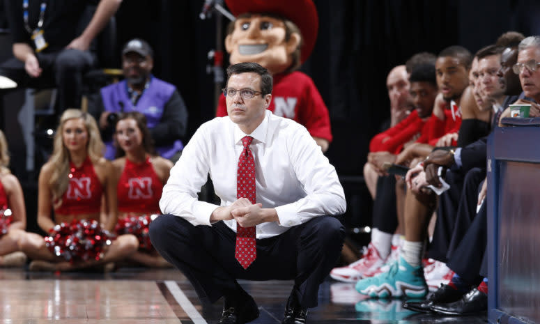 Tim Miles watches his Nebraska Huskers as they play Wisconsin.