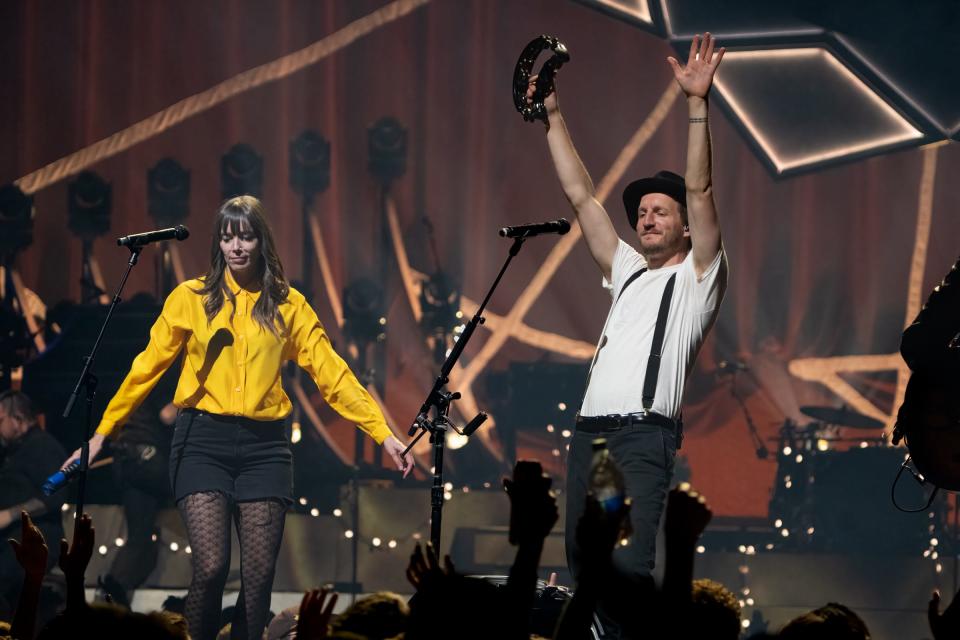 Neyla Pekarek and Jeremiah Fraites of The Lumineers perform at the Moody Center on August 20, 2022 in Austin, Texas.