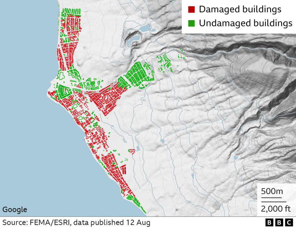 Map showing damaged buildings in Lahaina
