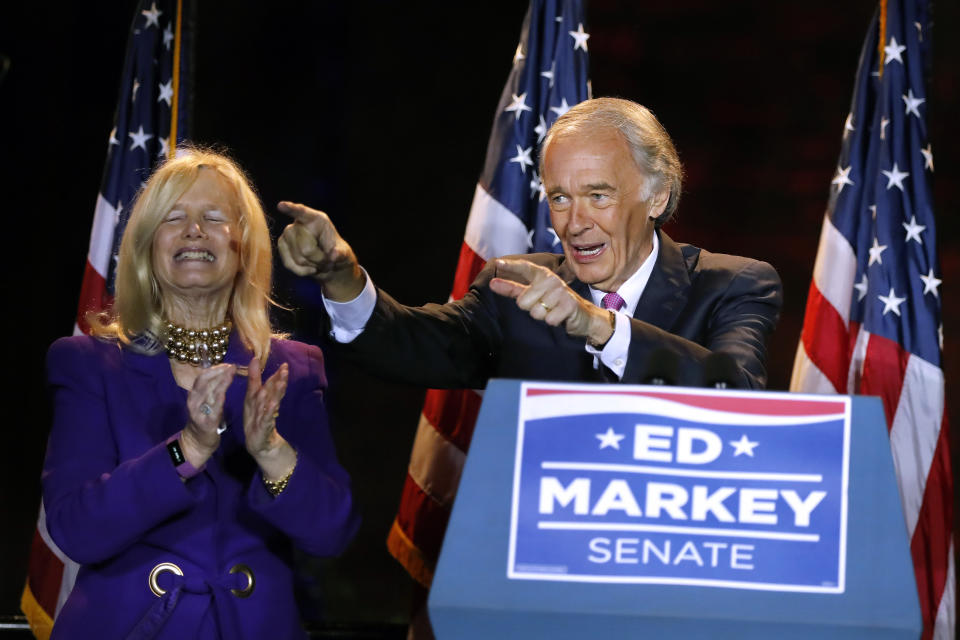 Sen. Edward Markey. D-Mass., celebrates with wife Susan, left, in Malden, Mass., after defeating Rep. Joe Kennedy III, Tuesday, Sept. 1, 2020, in the Massachusetts Democratic Senate primary. (AP Photo/Michael Dwyer)