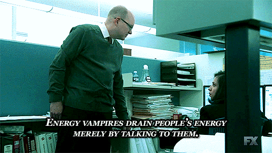 Colin Robinson from What We Do In The Shadows saying energy vampires drain people's energy merely by talking to them